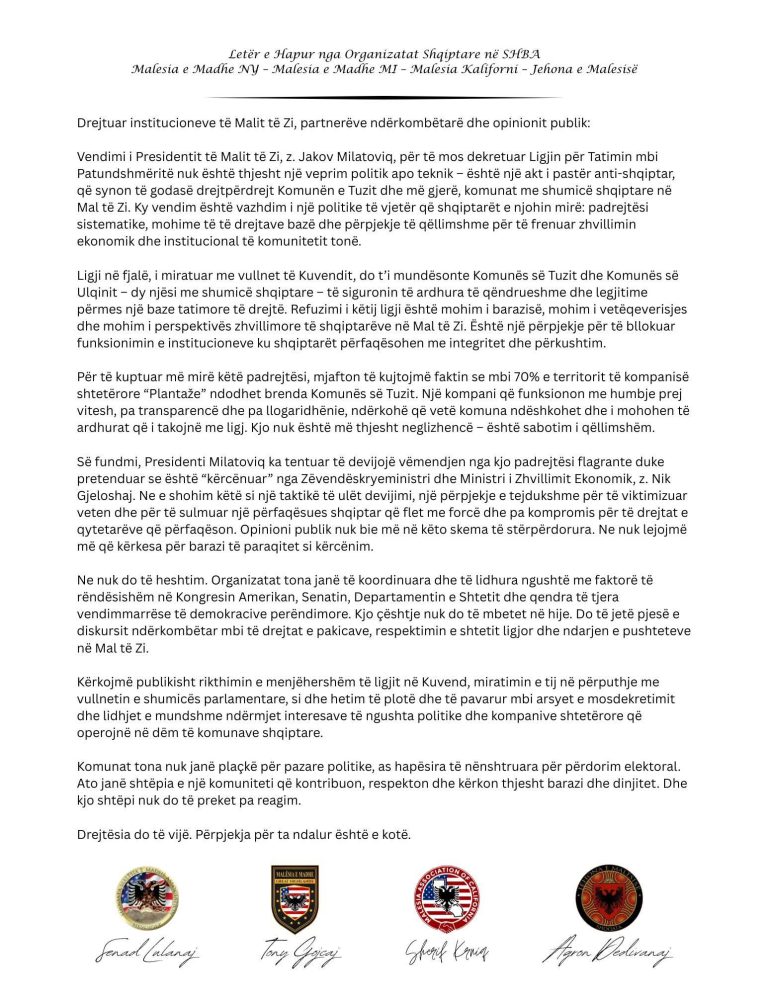 Ne nuk heshtim, thonë katër organizat e Malësisë në Shba ndaj vendimit diskriminues të presidentit Milatoviq